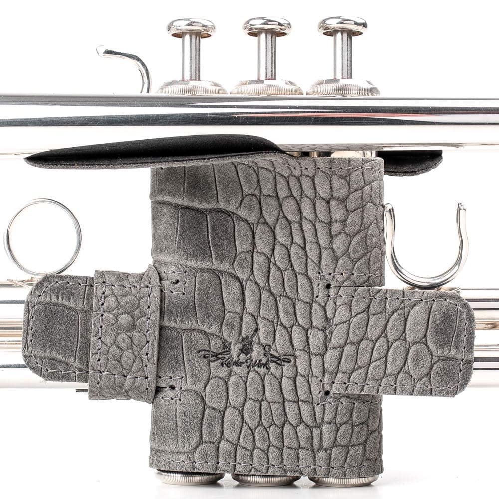 Trumpet Valve Guard XL Reptile Leather Grey — front view on trumpet
