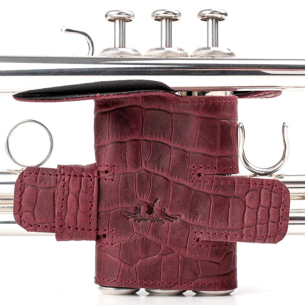 Trumpet Valve Guard XL Reptile Leather Marsala — front view on trumpet
