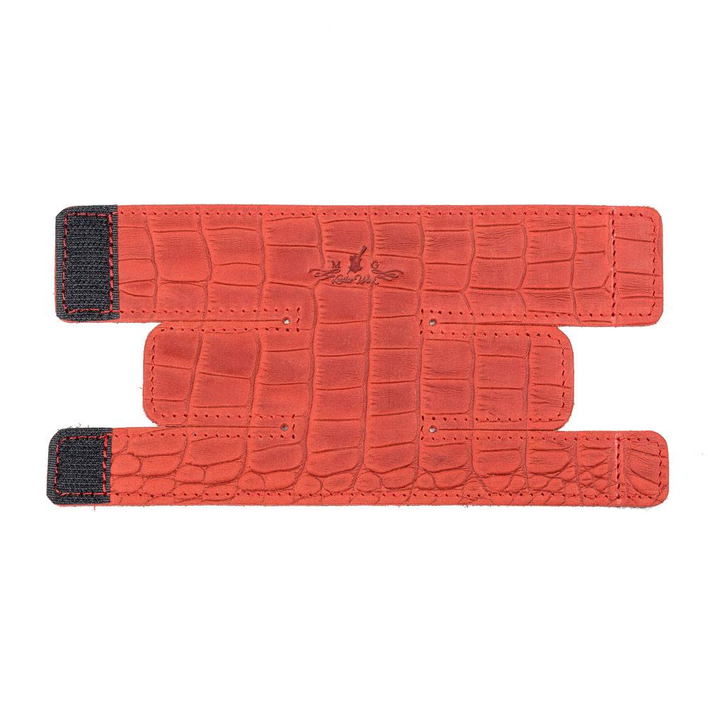 Trumpet Valve Protector L Reptilia Leather Red — unfolded back side on white background