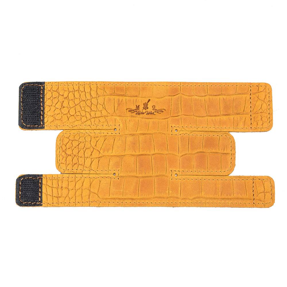 Unfolded Valve Protector L in Yellow Crazy Horse leather — front side on white background