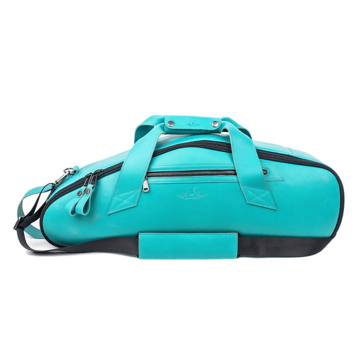 Front view of the Alto Saxophone Gig Bag in Tiffany Crazy Horse leather, featuring a front strap for easy carrying.