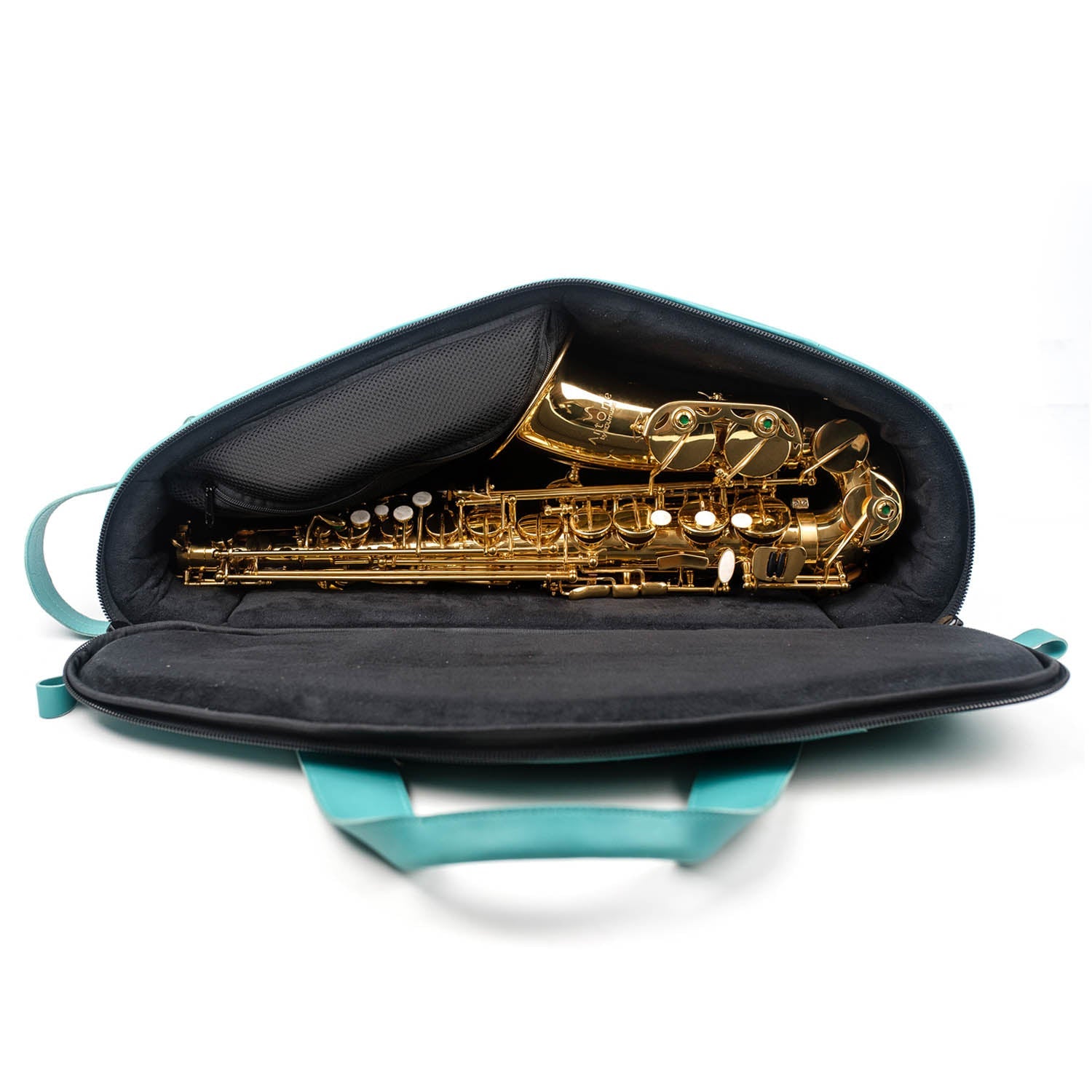 Open view of the Alto Saxophone Gig Bag in Tiffany Crazy Horse leather, showing saxophone and internal pocket.