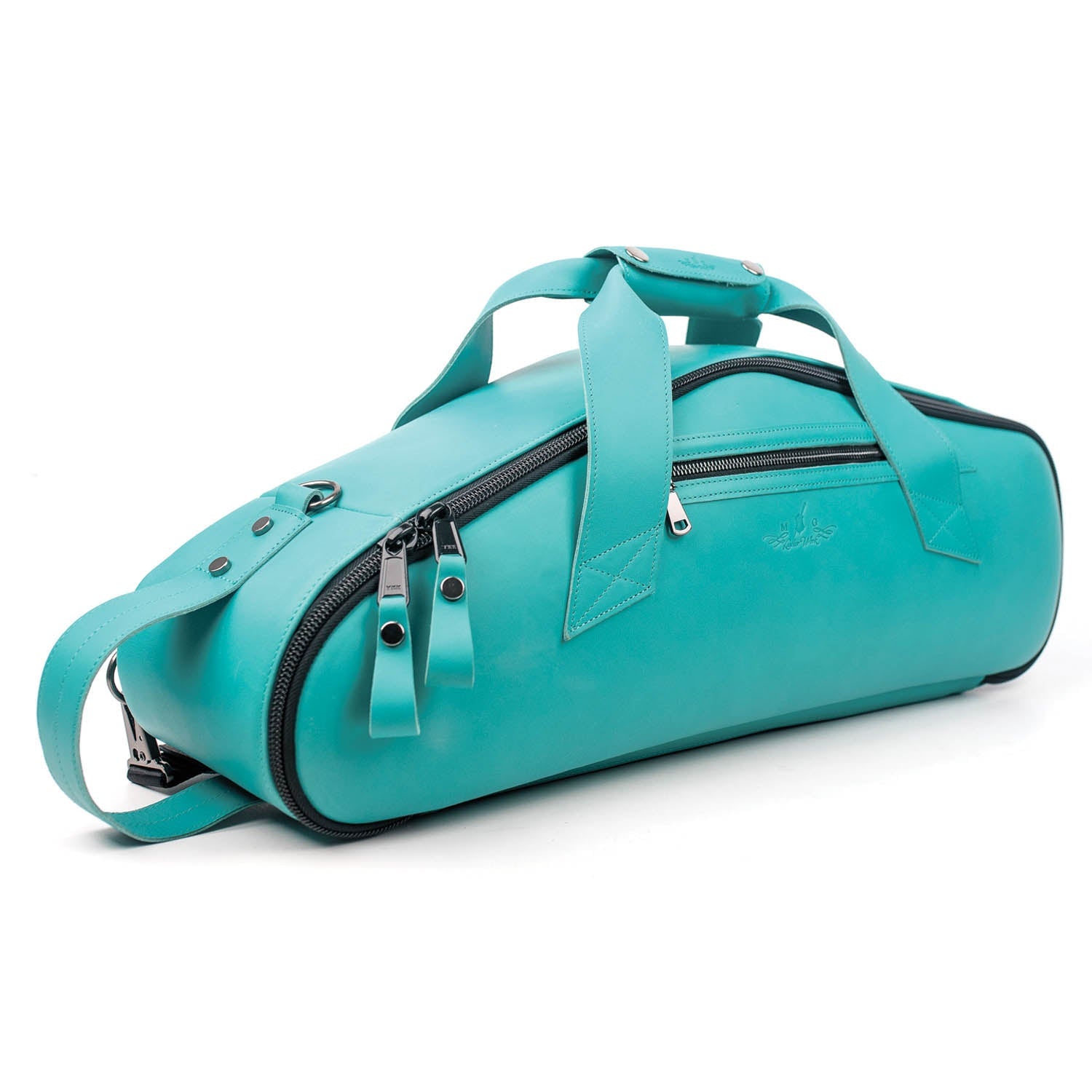 Left side view of the MG Leather Work Alto Saxophone Gig Bag in Tiffany Crazy Horse leather, with pocket and handle.