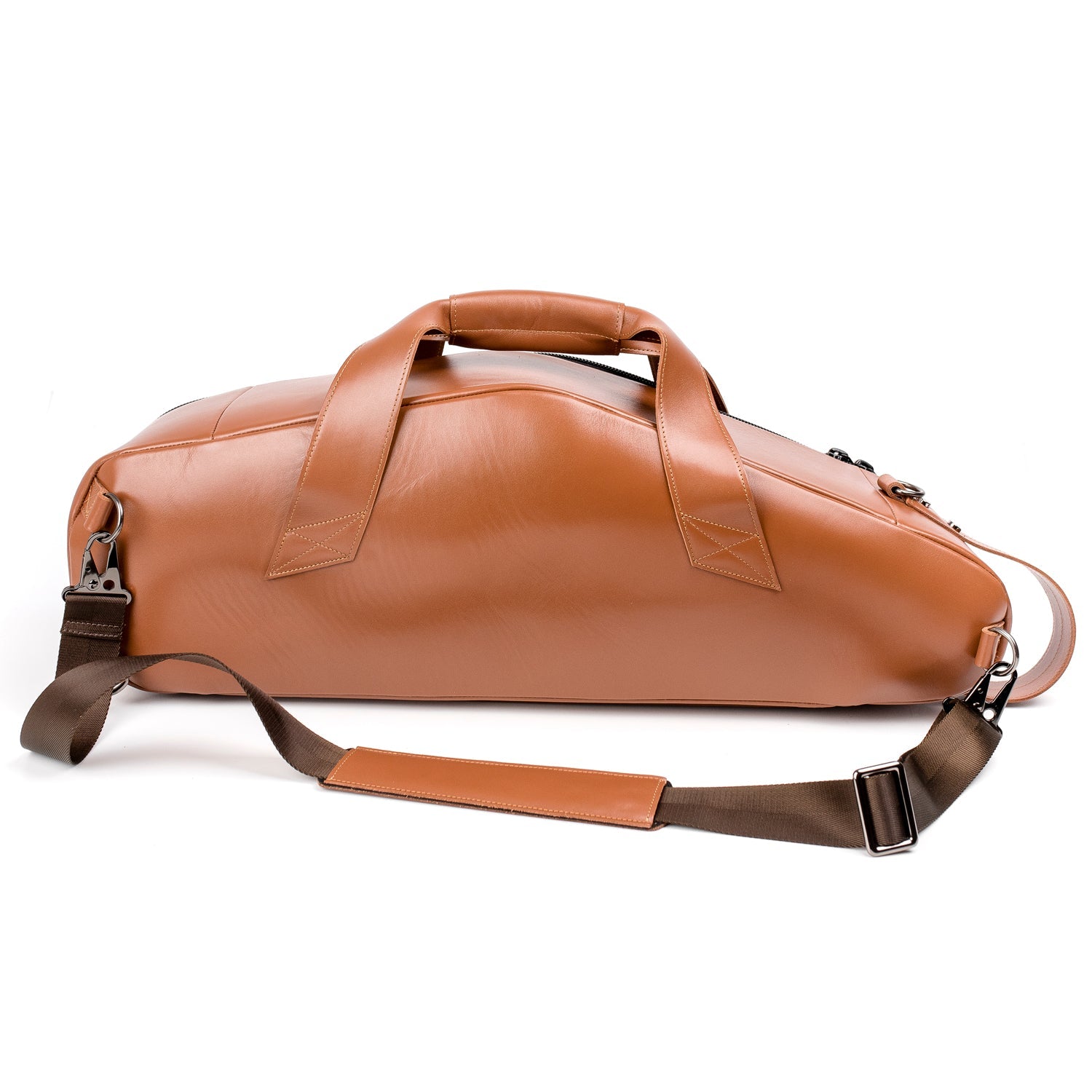 Back view of Alto Sax Case in Light Brown Detroit Leather, featuring D-rings with an attached strap