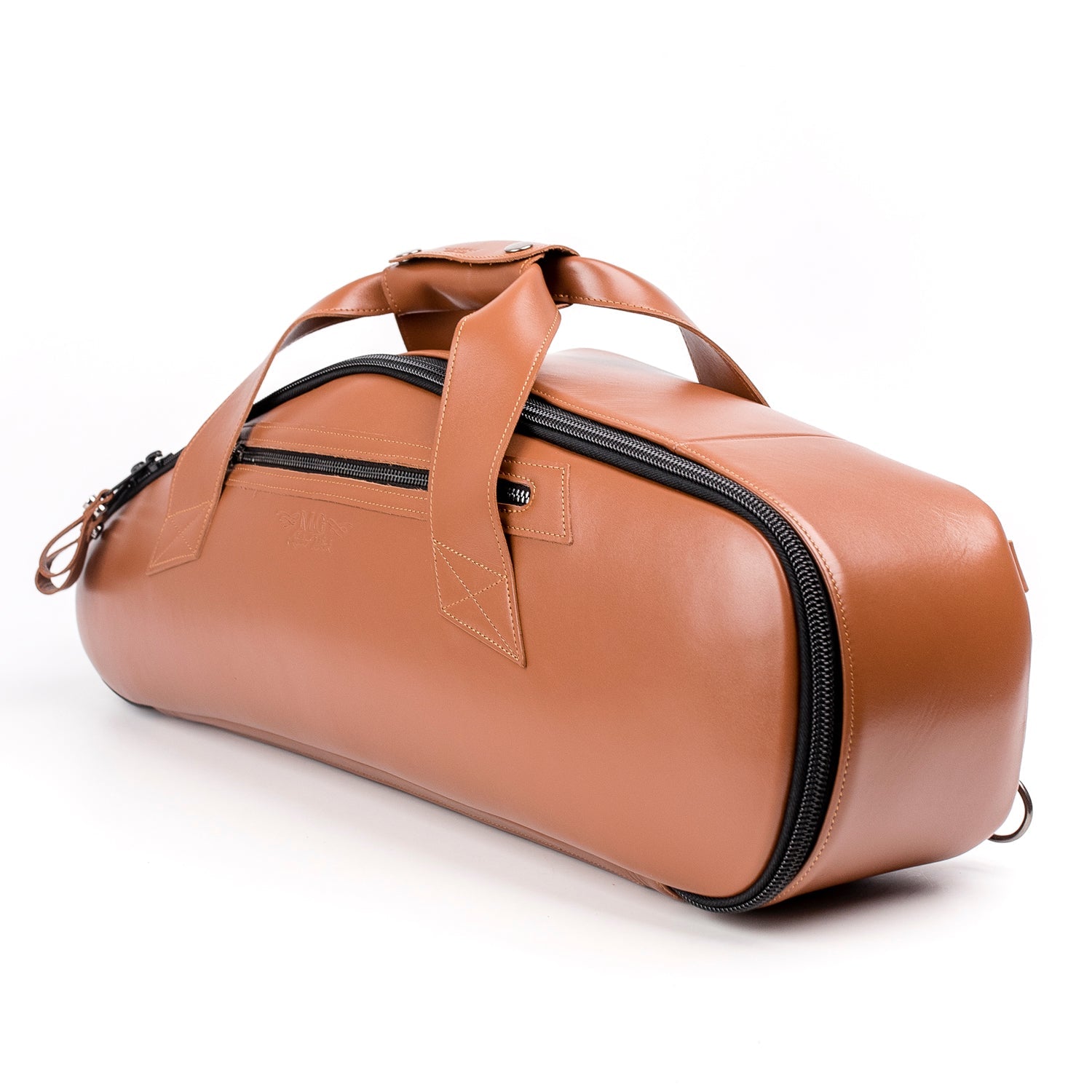 Right side view of Alto Saxophone Gig Bag in Light Brown Detroit Leather, with side pocket, carry handle, and YKK zippers