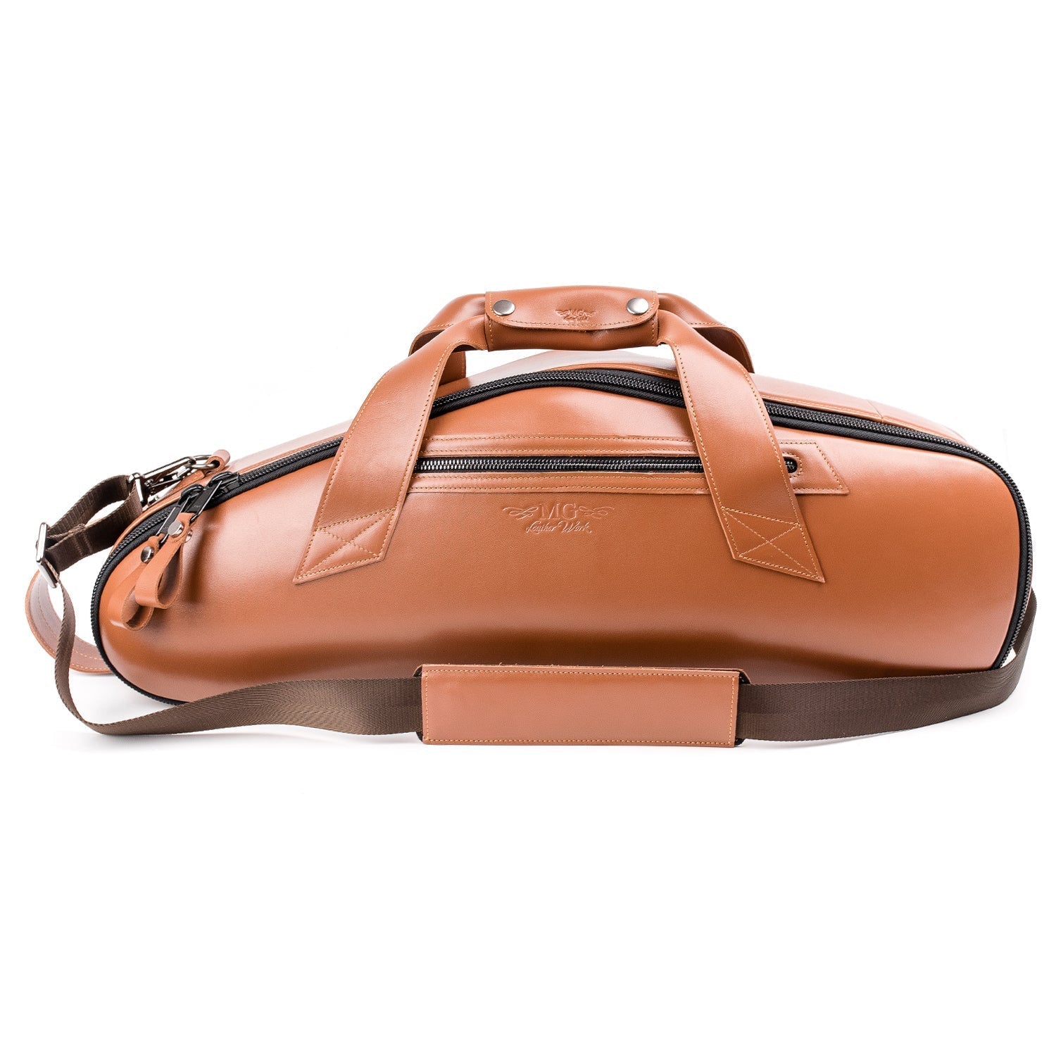 Front view of Alto Sax Case in Light Brown Detroit Leather, with side pocket and front-positioned strap for easy carrying.