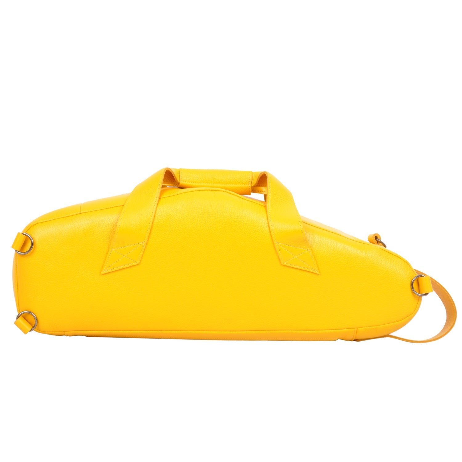 Back view of Alto Saxophone Gig Bag in Yellow Flotar Leather, showcasing D-rings and carry handles for versatile transportation.