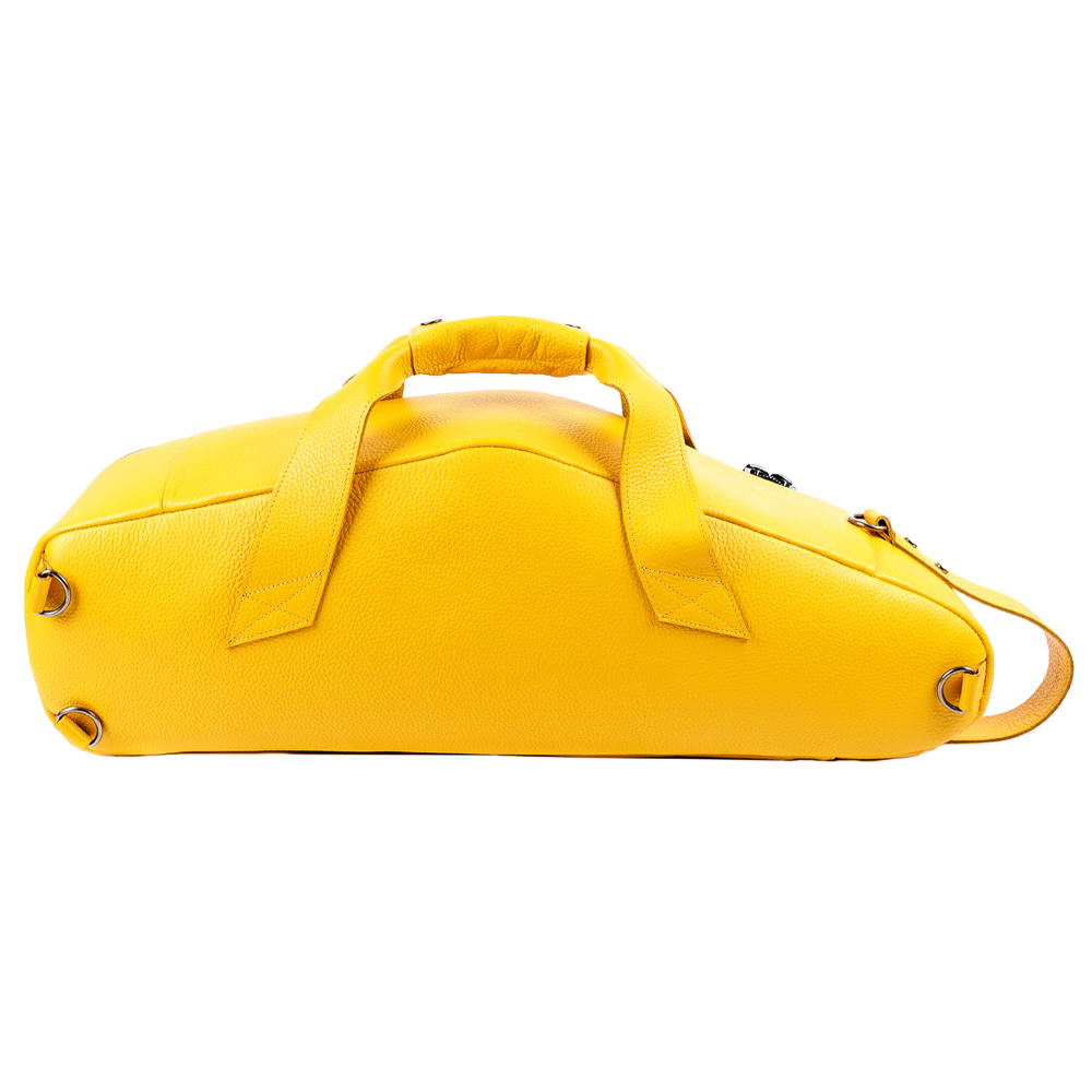 Back view of Alto Saxophone Gig Bag in Yellow Flotar Leather, showcasing D-rings and carry handles for versatile transportation.