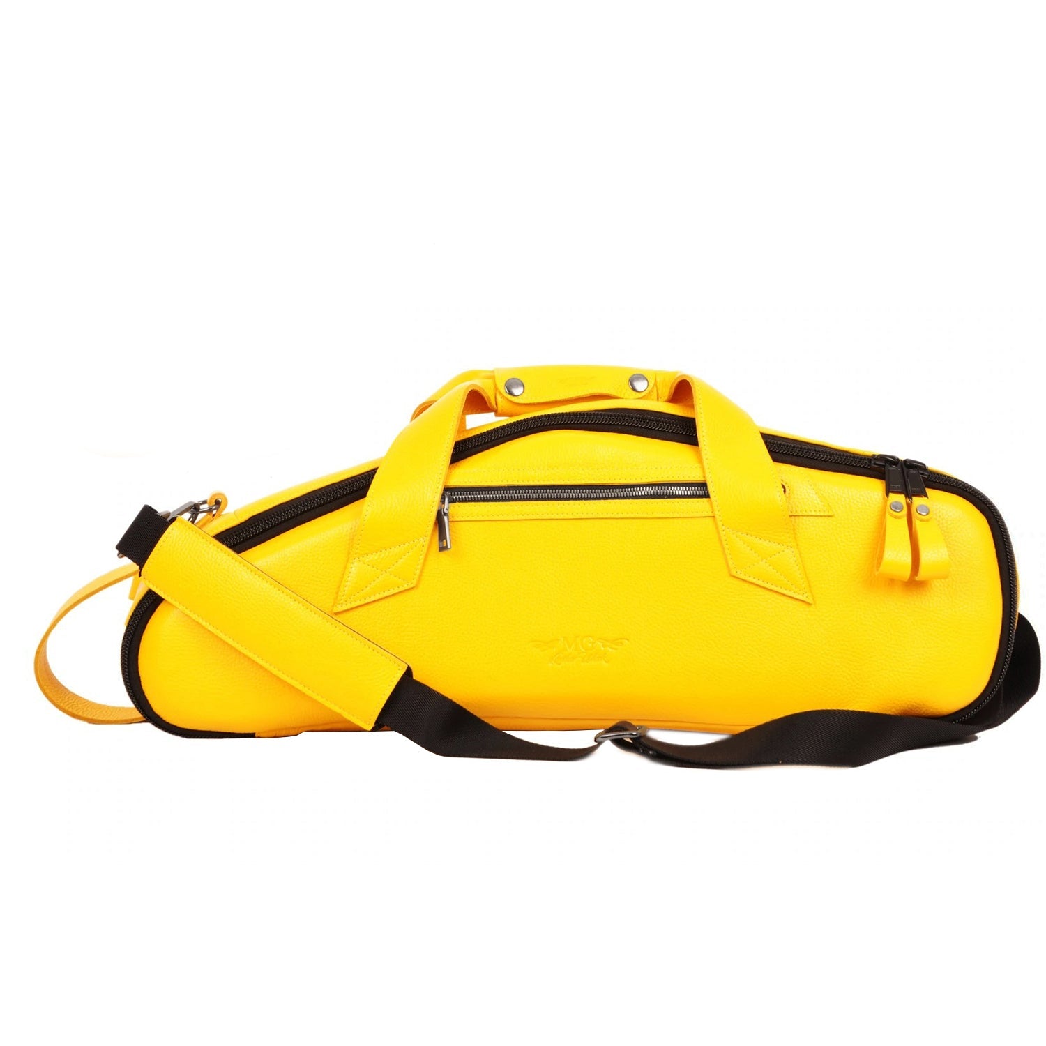 Front view of Alto Sax Bag in Yellow Flotar Leather, with side pocket, horizontal and vertical handles, and an attached strap