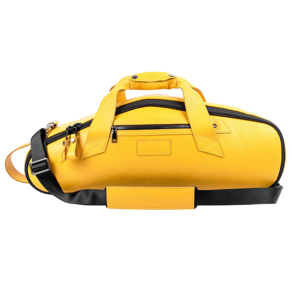 Front view of Alto Sax Bag in Yellow Flotar Leather, with side pocket, horizontal and vertical handles, and an attached strap