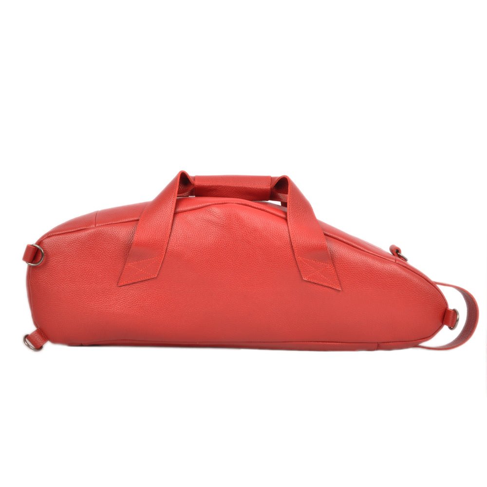 Back view of Alto Sax Bag in Red Flotar Leather, showcasing D-rings and carry handles for versatile transportation.
