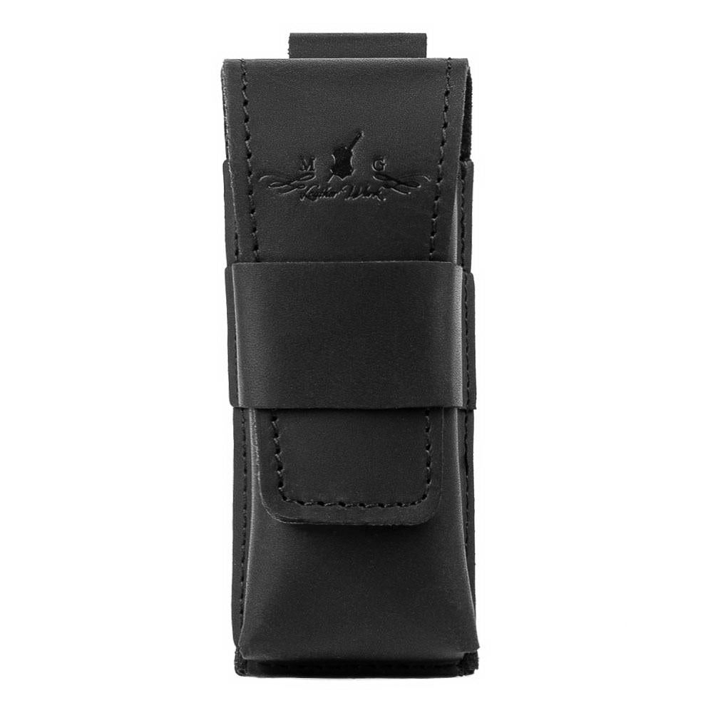 Front view of black harmonica leather case with reinforced flap closure.
