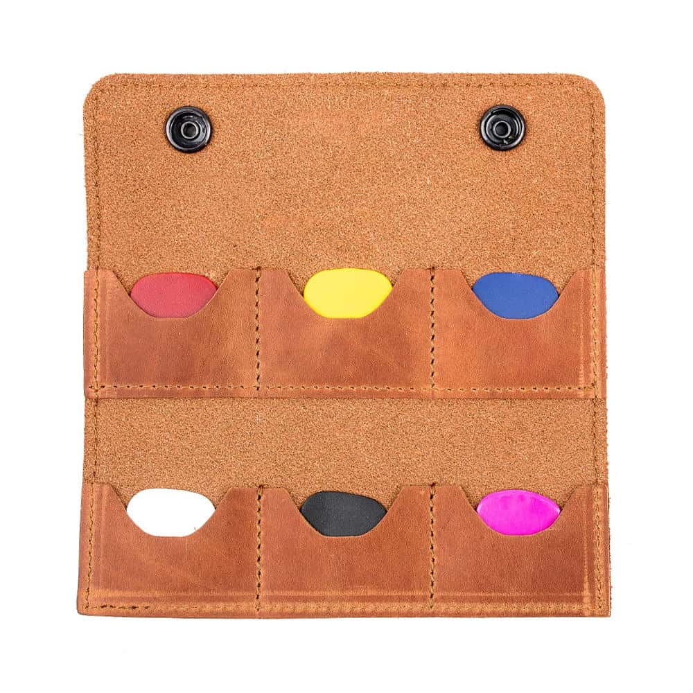 Open front light brown guitar pick pouch case