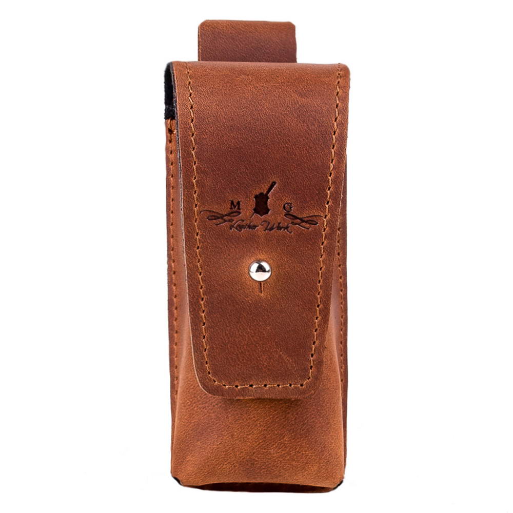 Light Brown Crazy Horse leather harmonica case with holster clasp – front view, handmade by MG Leather Work