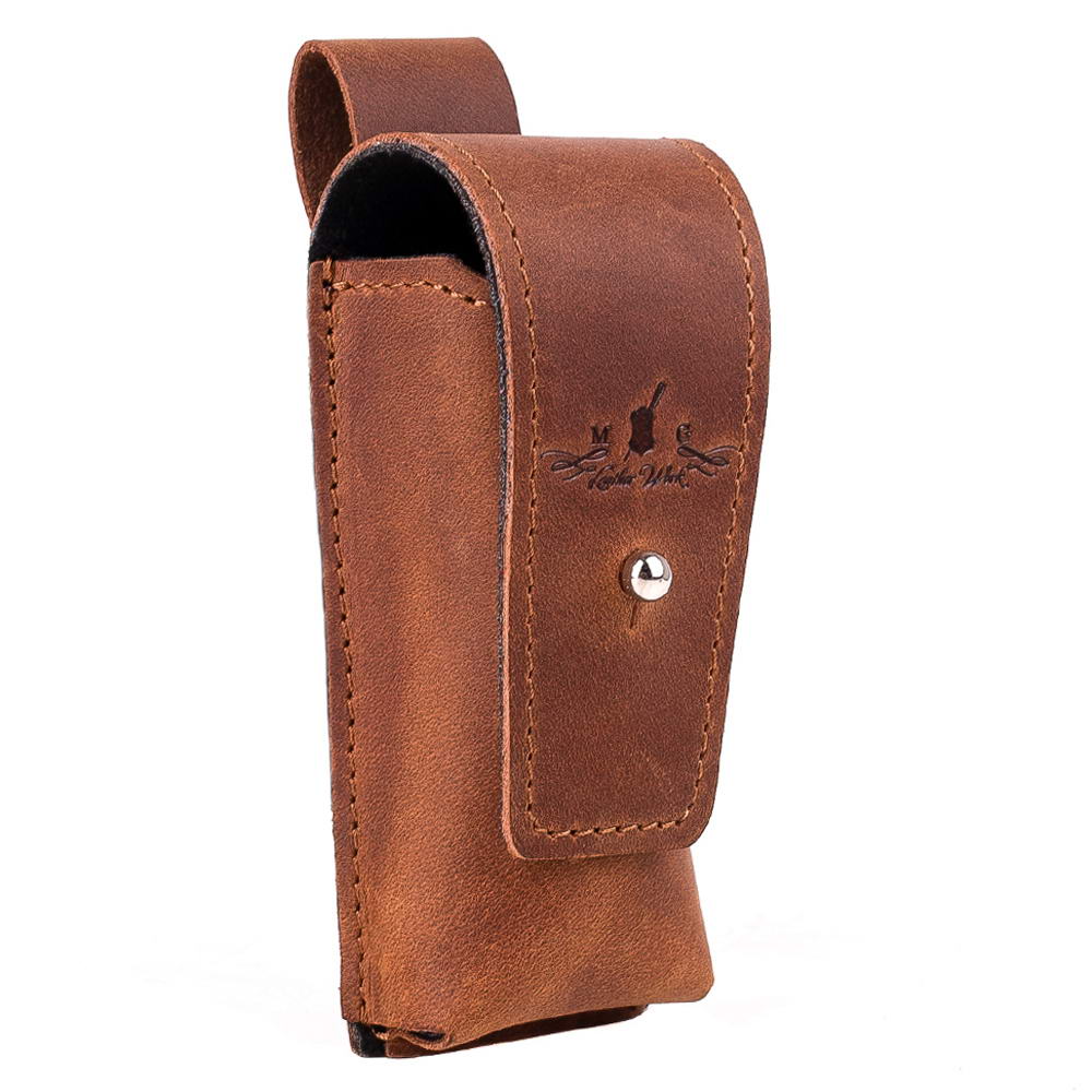 Side view of Light Brown leather harmonica pouch with holster clasp closure – musician gift accessory