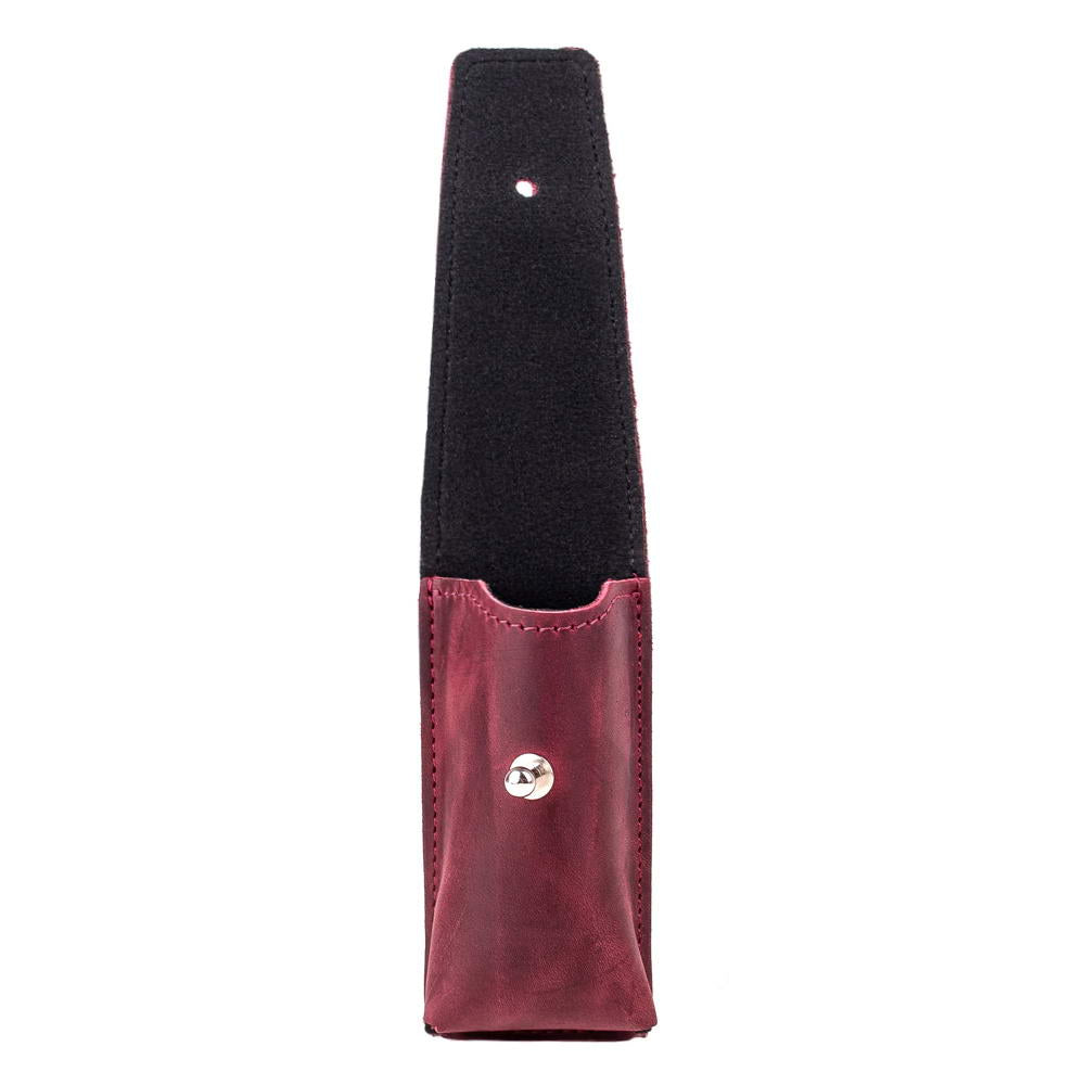 Open flap view of Marsala leather harmonica holster clasp with black interior lining