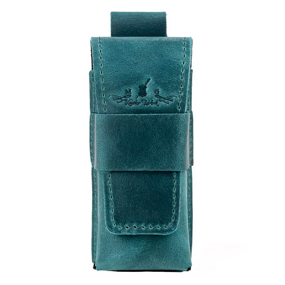 Front view of opal Crazy Horse leather harmonica case with reinforced flap.