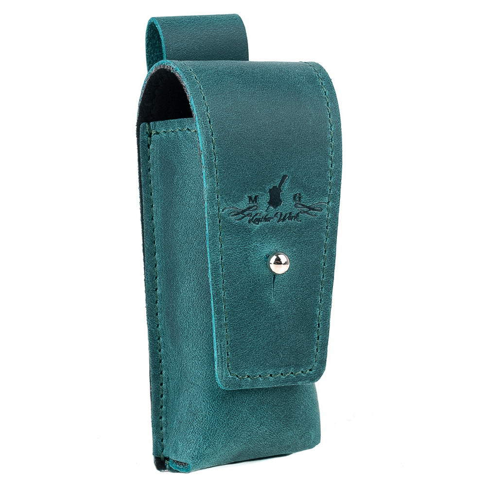 Side angle of Opal leather harmonica pouch with holster clasp – perfect gift for musicians