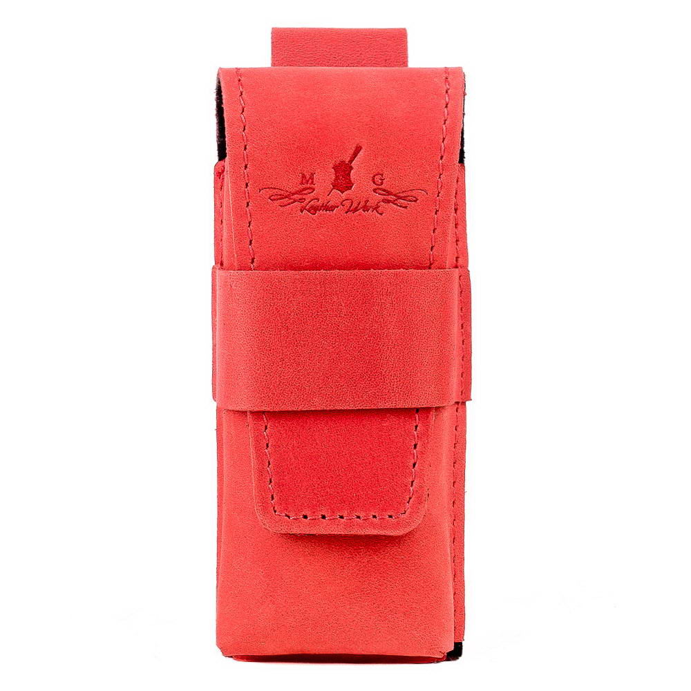 Front view of red harmonica leather case with reinforced Crazy Horse flap.