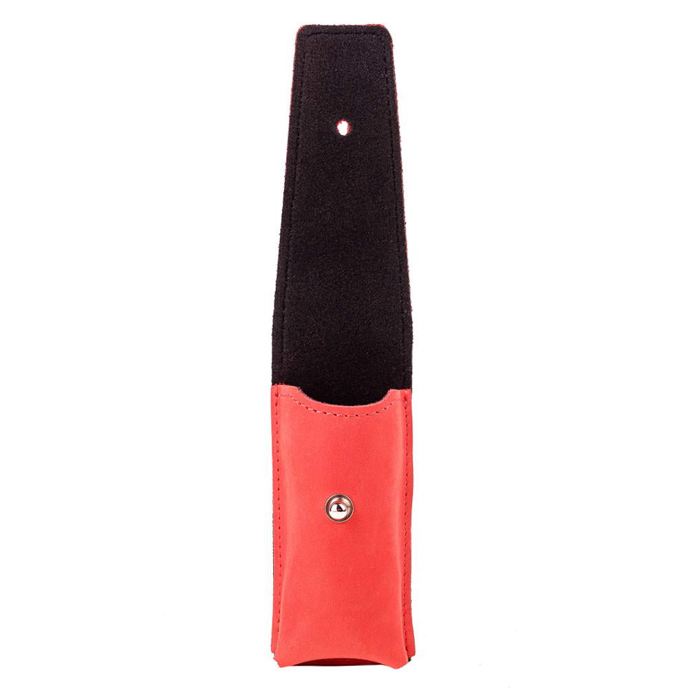 Side view of red leather harmonica holder with open flap and black suede lining