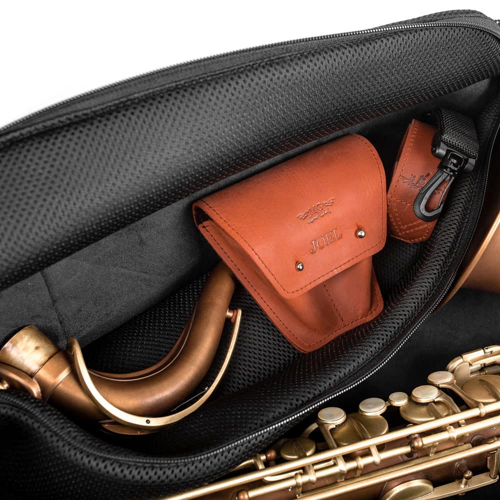 Close-up of the open internal accessory pocket in the MG Leather Work Tenor Saxophone Gig Bag in Light Brown Crazy Horse Leather