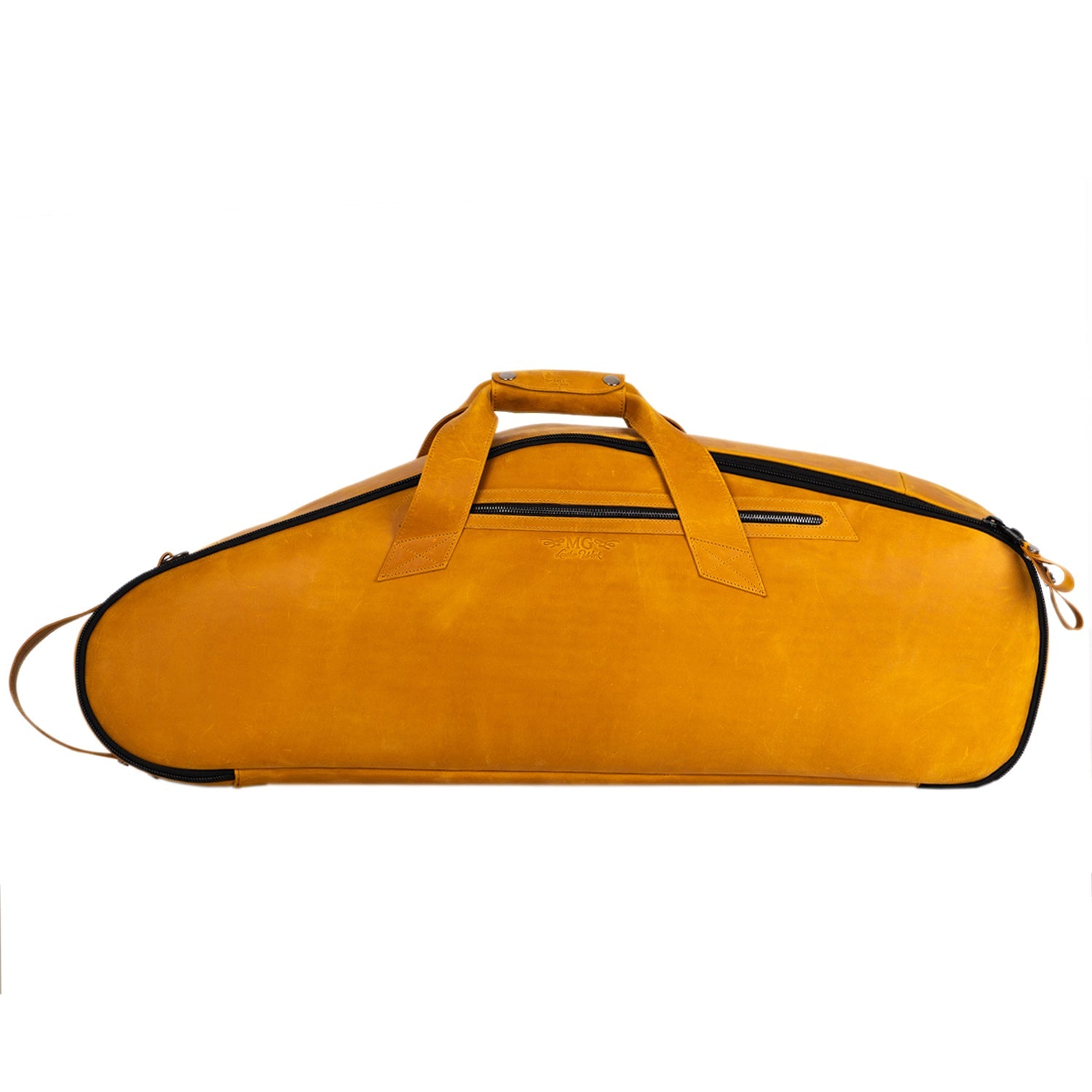 Front view of the Tenor Sax Bag in Yellow Crazy Horse Leather, featuring a side pocket, horizontal and vertical handles