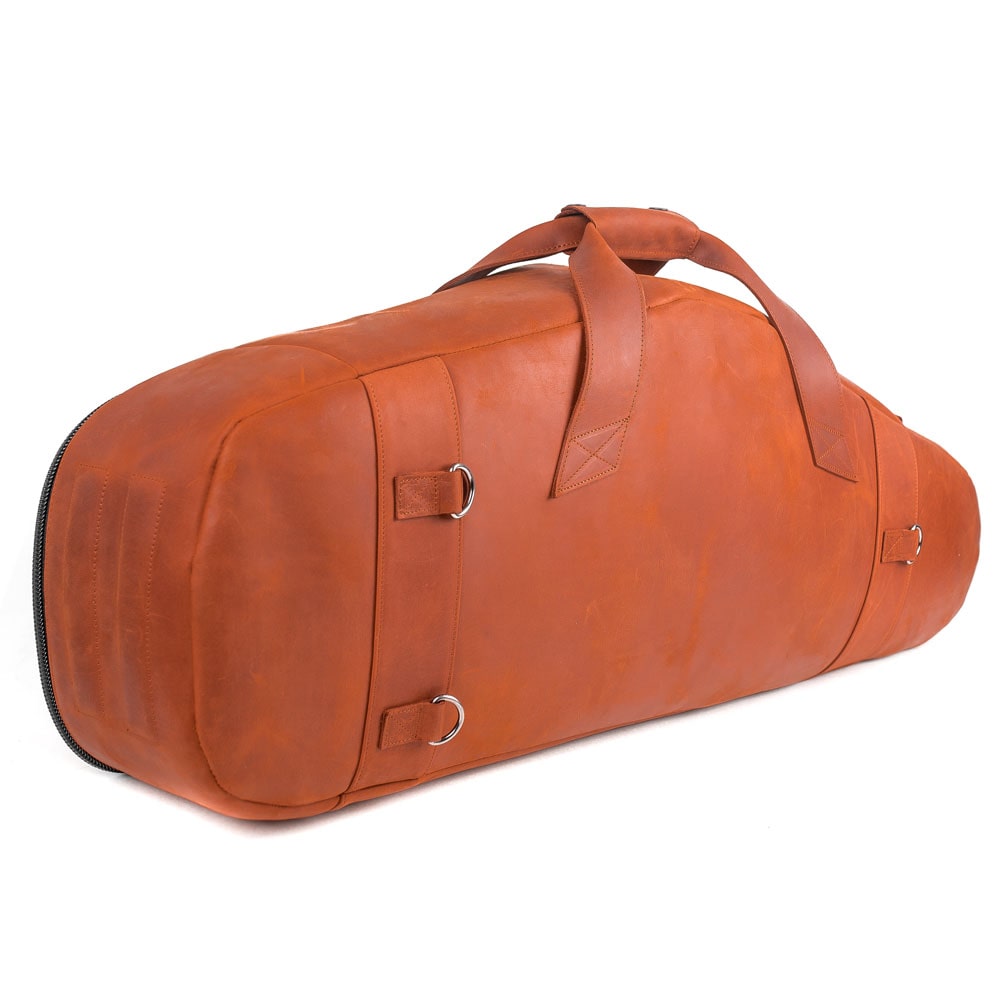 Close-up of the side view of the MG Leather Work Tenor Sax Leather Bag in Light Brown, showcasing additional reinforcement