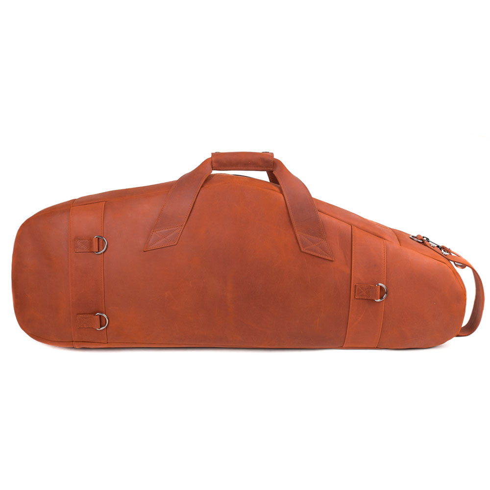 Close-up of the bottom of the MG Leather Work Tenor Sax Gig Bag in Light Brown, featuring reinforced strips for durability.
