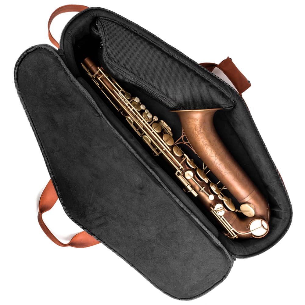 Open view of the MG Leather Work Tenor Saxophone Gig Bag in Light Brown Crazy Horse Leather, with the saxophone securely placed inside