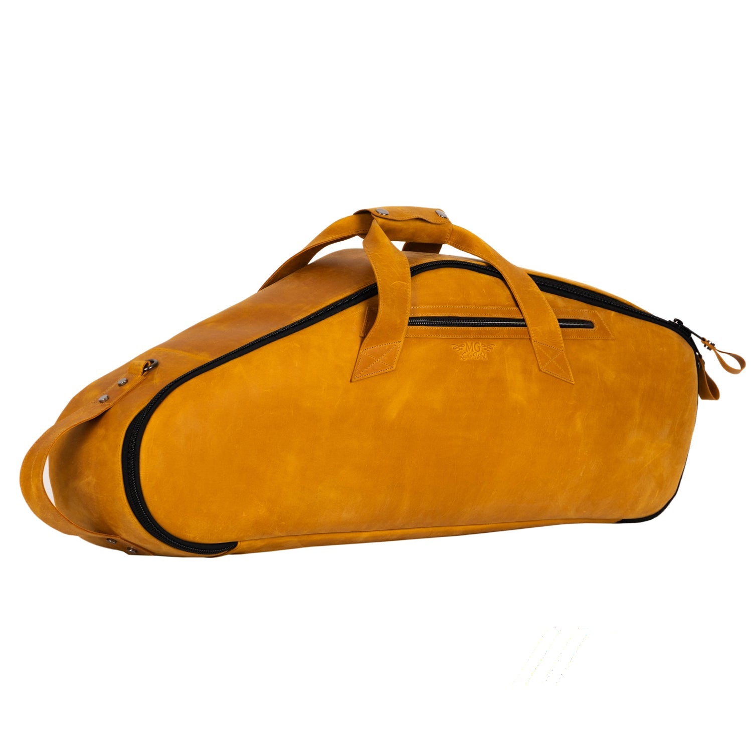 Left side view of the MG Leather Work Tenor Saxophone Gig Bag in Yellow Crazy Horse Leather