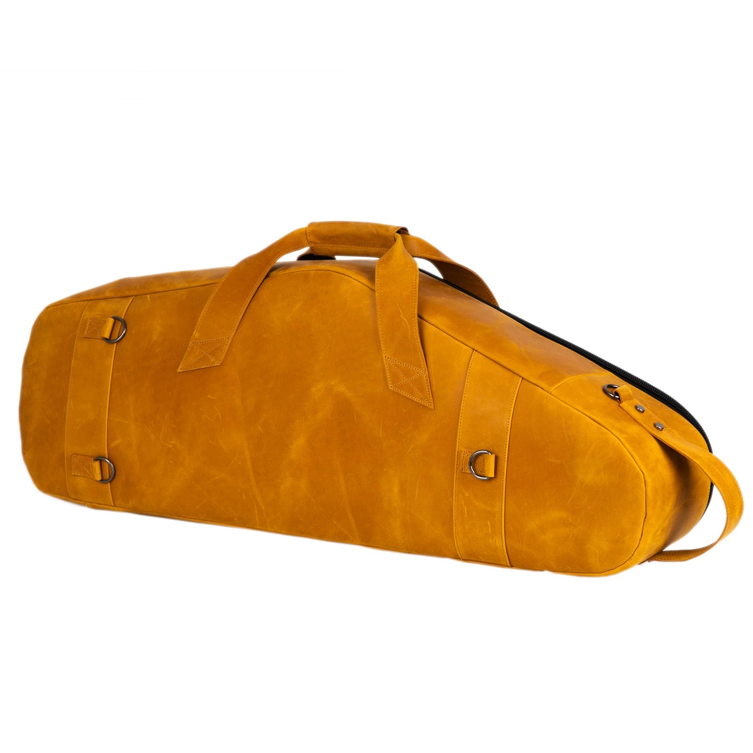 Right side view of the Tenor Sax Leather Bag, showcasing the vertical carry handle, horizontal carry handles, and three D-rings