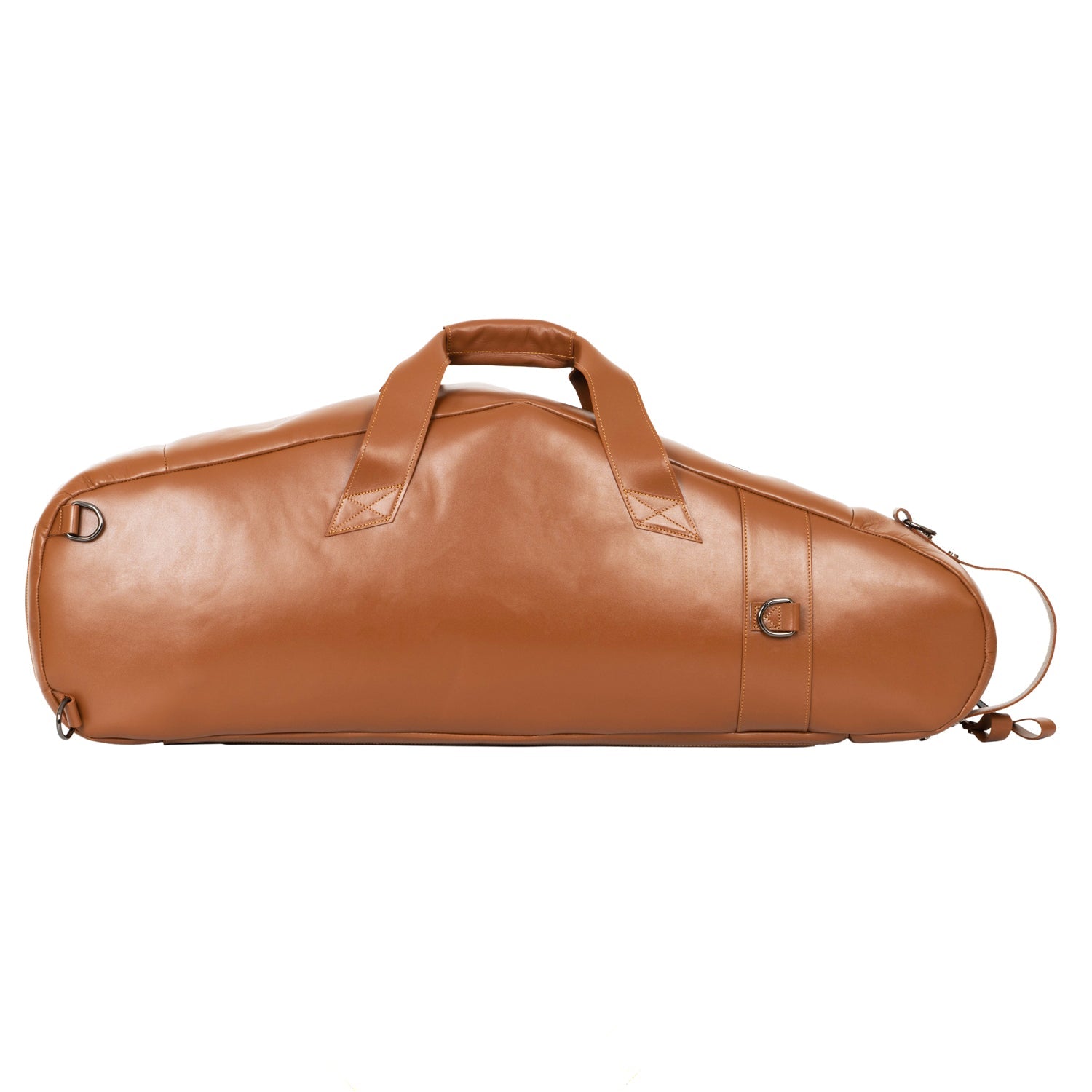 Back view of MG Leather Work Tenor Saxophone Gig Bag in Light Brown Detroit Leather showing D-rings and handles.