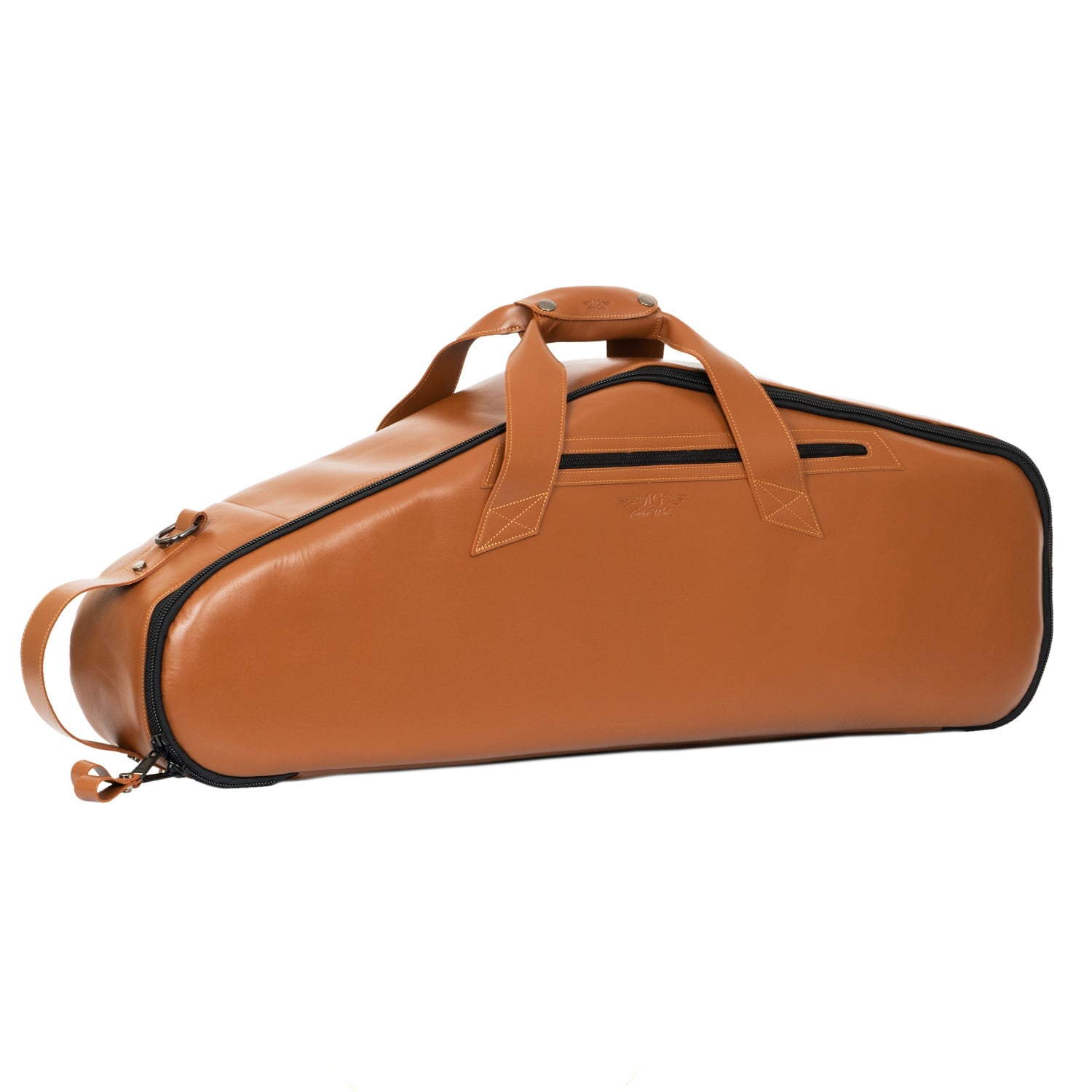 Left side view of MG Leather Work Tenor Sax Gig Bag in Light Brown Detroit Leather with reinforced side, handle, and D-rings.