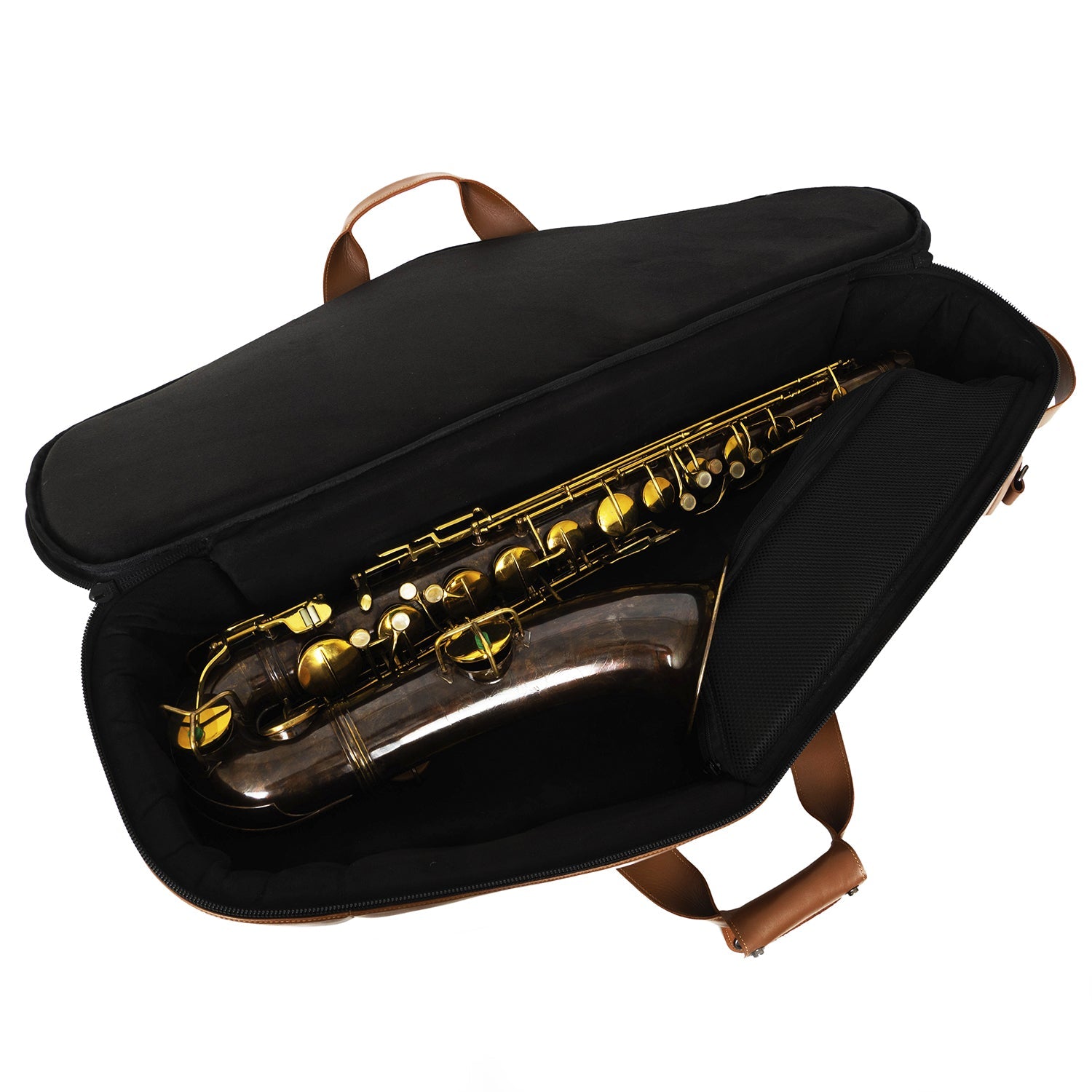 Open view of MG Leather Work Tenor Sax Gig Bag in Light Brown Detroit Leather with saxophone compartment and accessory pocket.