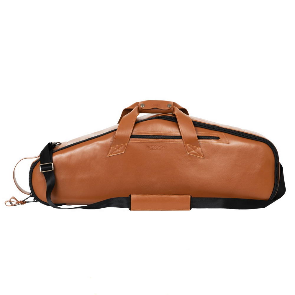 Front view of MG Leather Work Tenor Saxophone Gig Bag in Light Brown Detroit Leather with side pocket, handles, and strap.