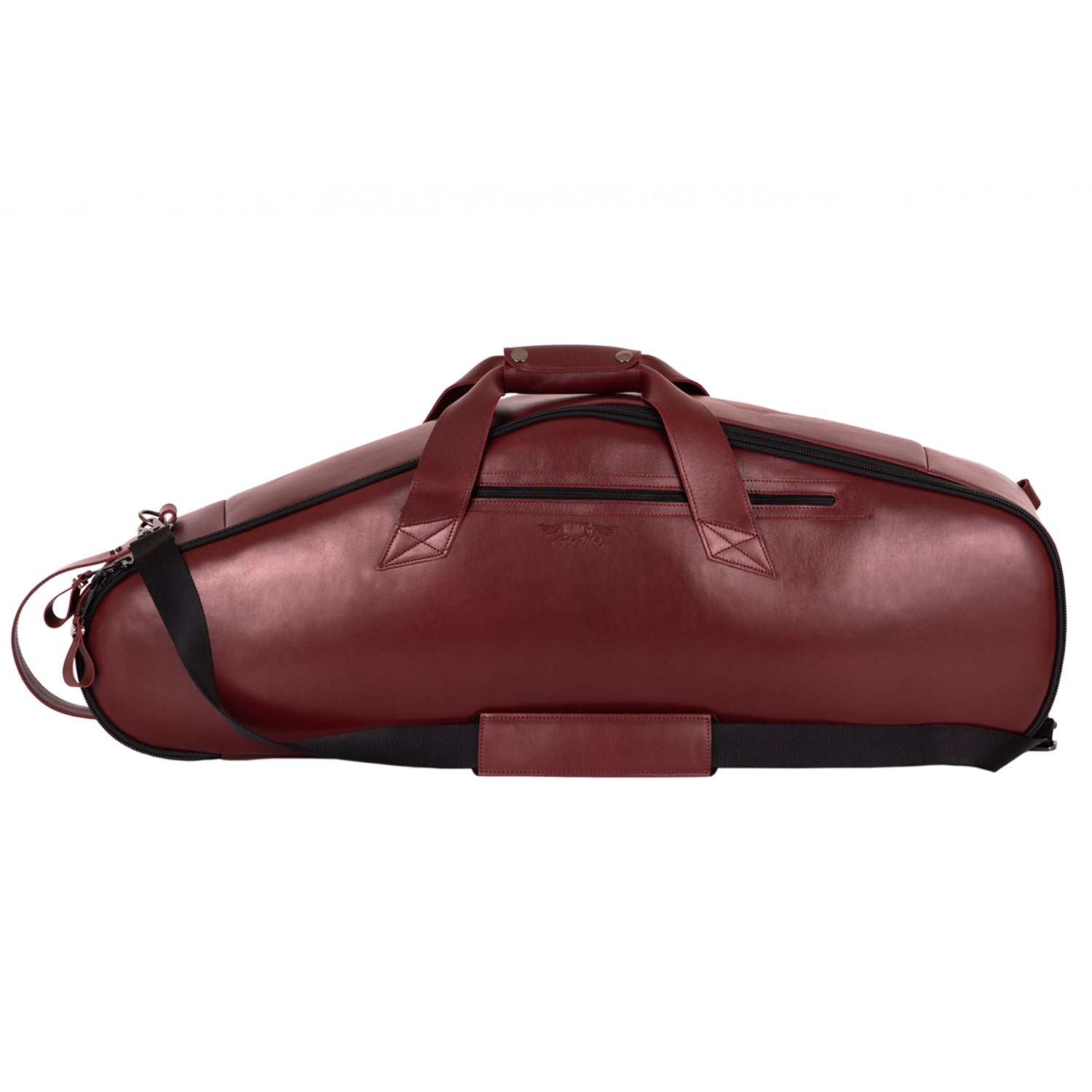 Front view of MG Leather Work Tenor Sax Gig Bag in Burgundy Detroit Leather with side pocket, handles, and strap.