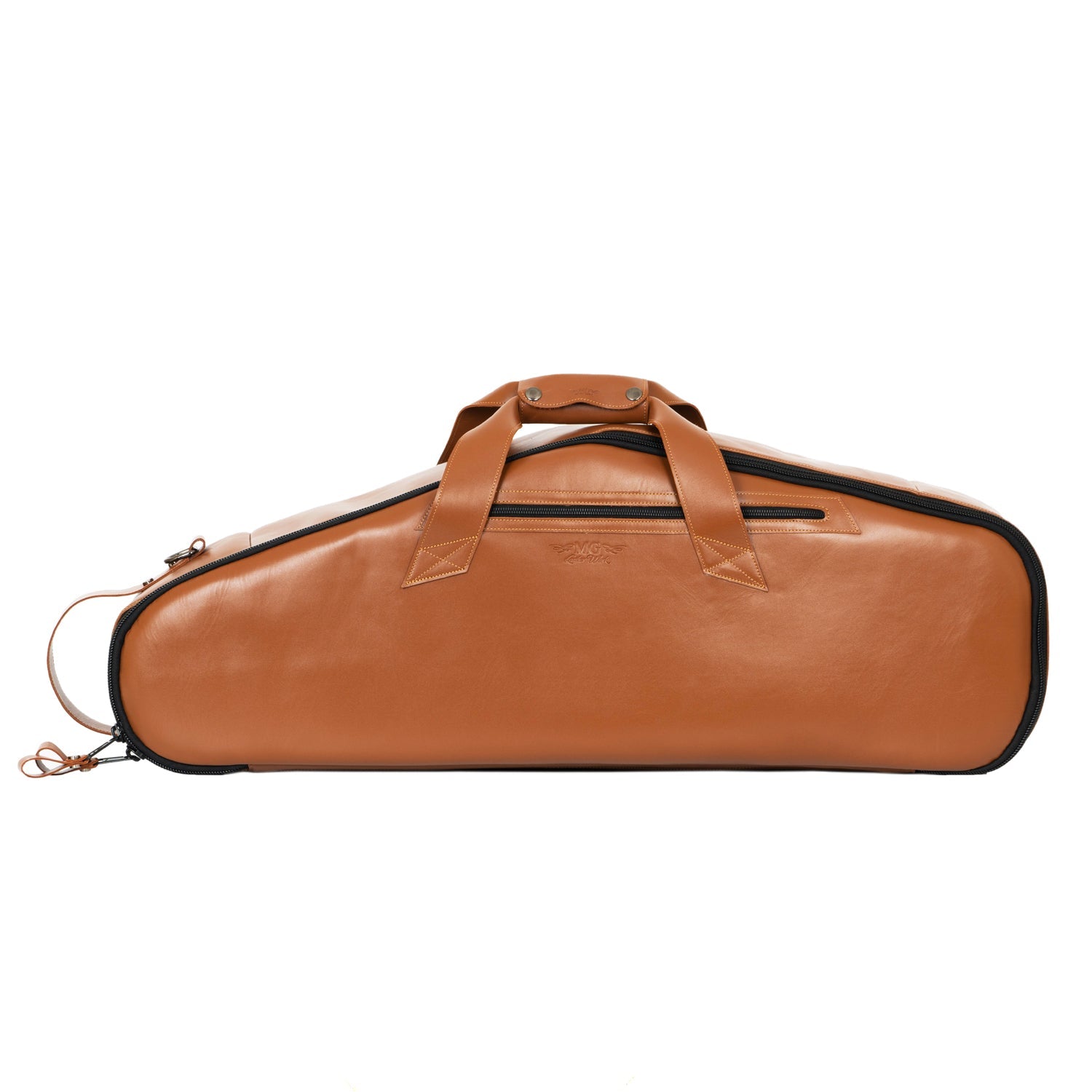 Front view of MG Leather Work Tenor Sax Bag in Light Brown Detroit Leather, featuring a side pocket, horizontal and vertical handles