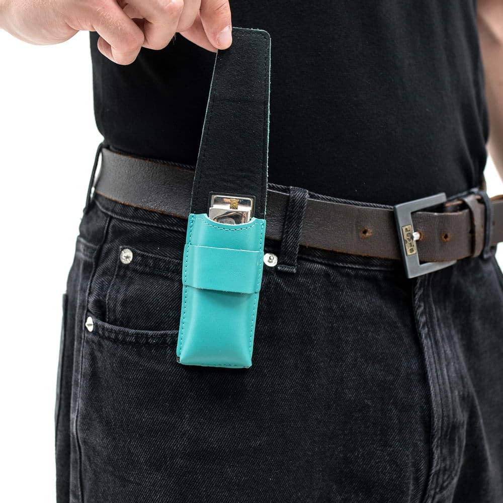 Tiffany harmonica holster with open flap showing harmonica inside.