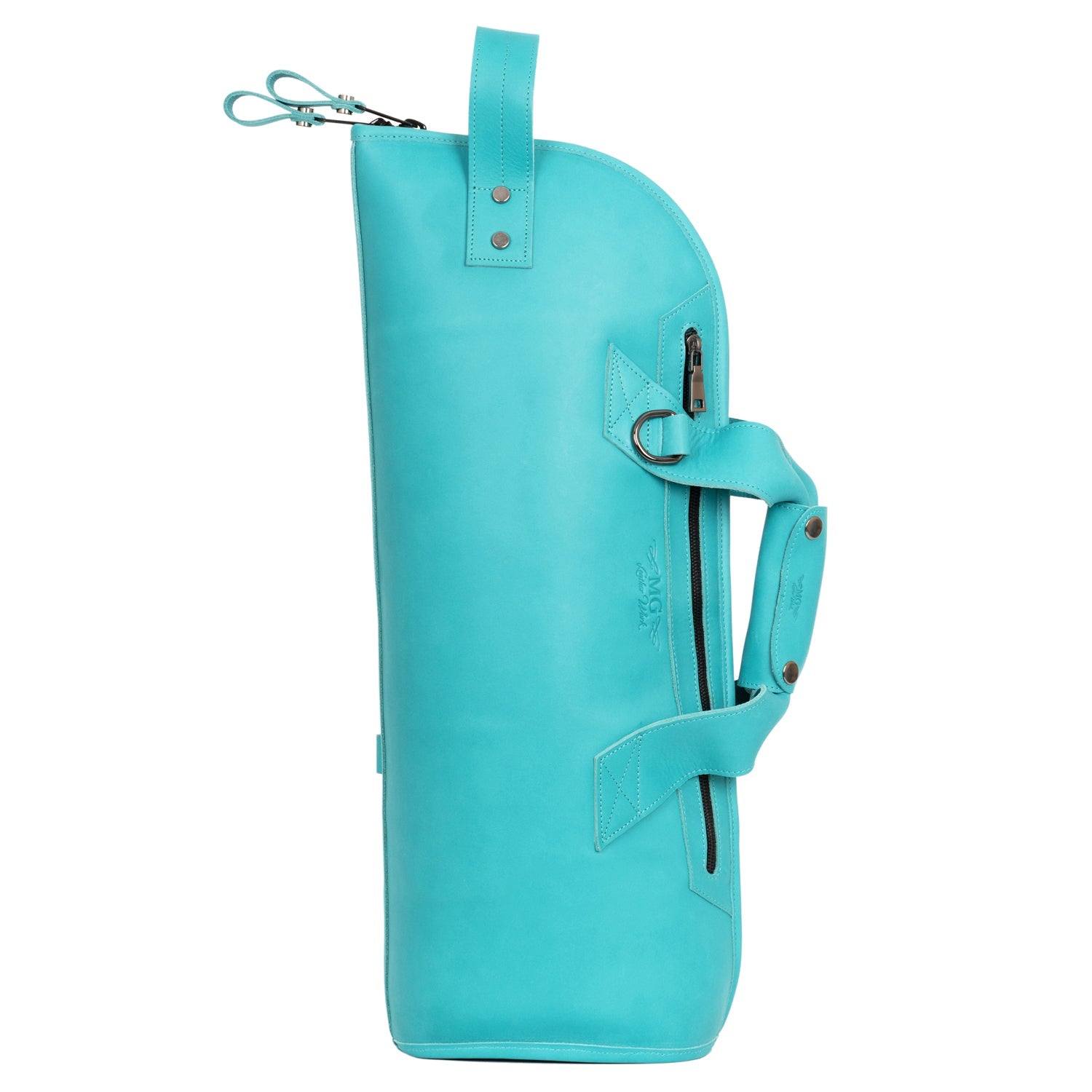 Full side profile of Tiffany blue trumpet case in Crazy Horse leather with strong stitching and reinforced structure