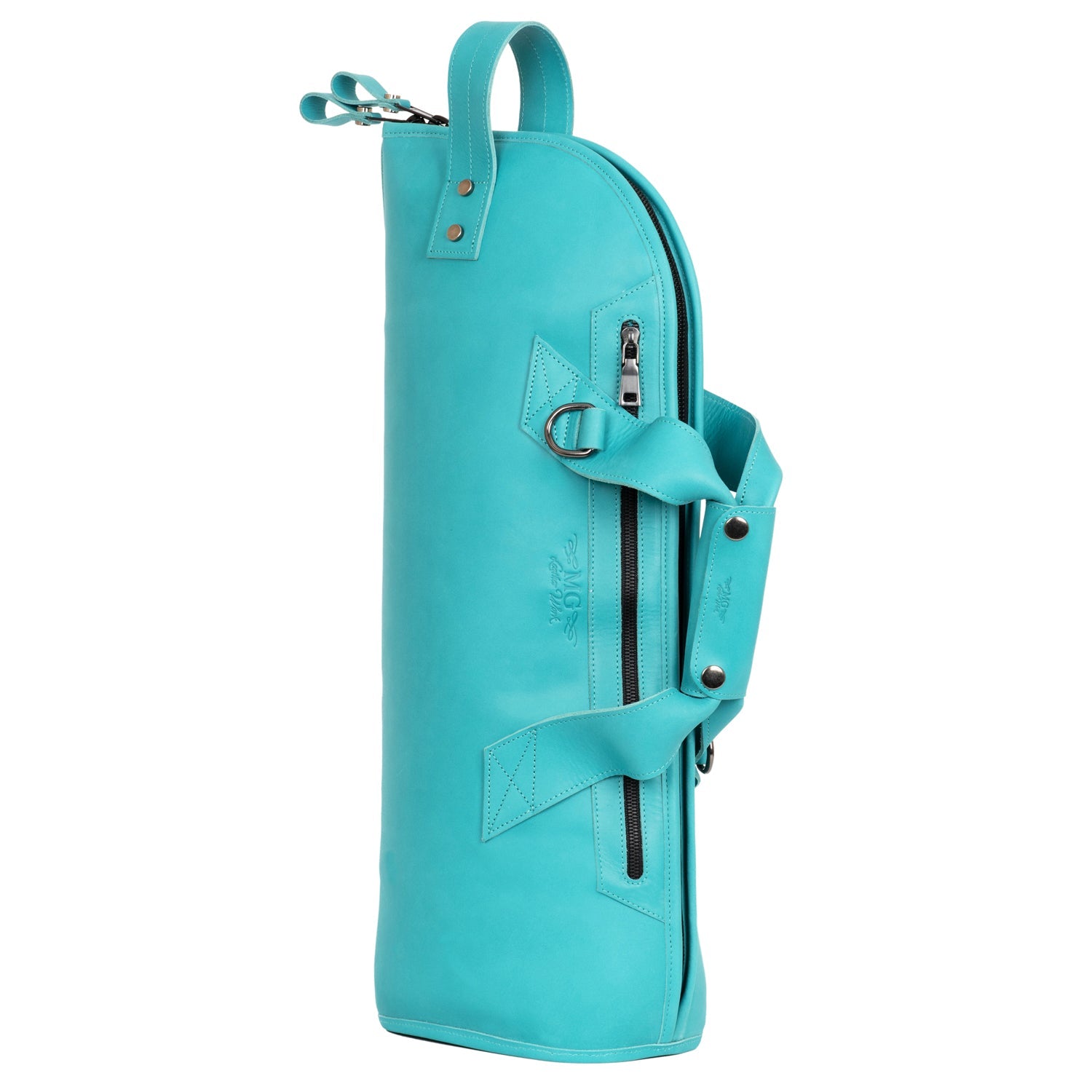 Side view of Tiffany Crazy Horse leather trumpet gig bag with durable YKK zipper and double carrying handles