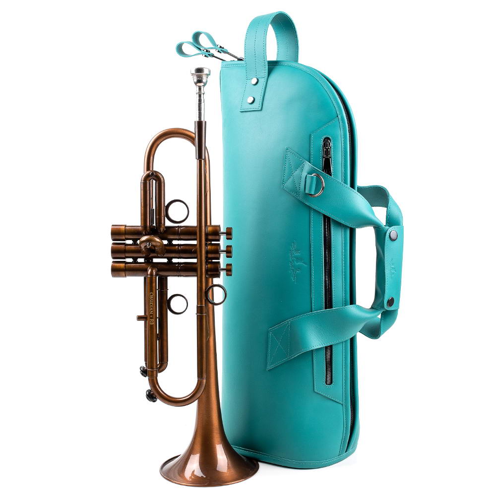 Side view of Tiffany Crazy Horse leather trumpet gig bag with durable YKK zipper and double carrying handles