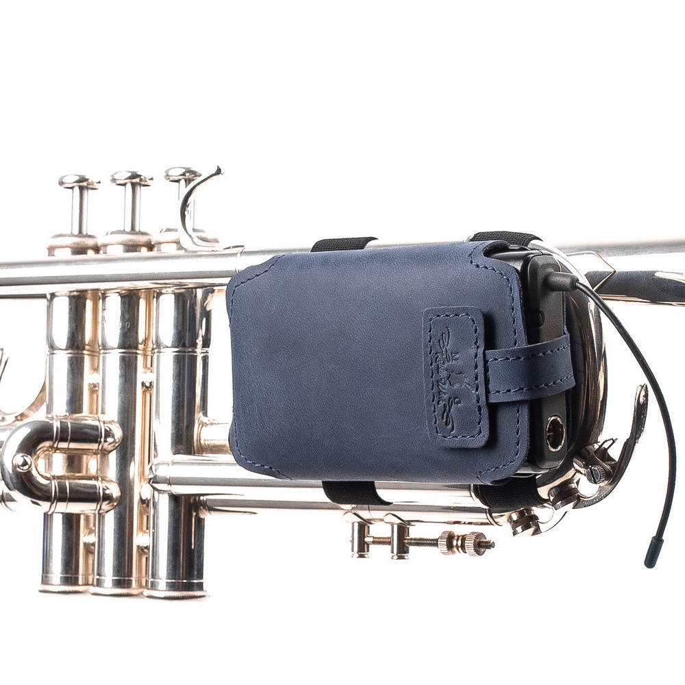trumpet microphone Transmitter pouch mounted dark blue front View