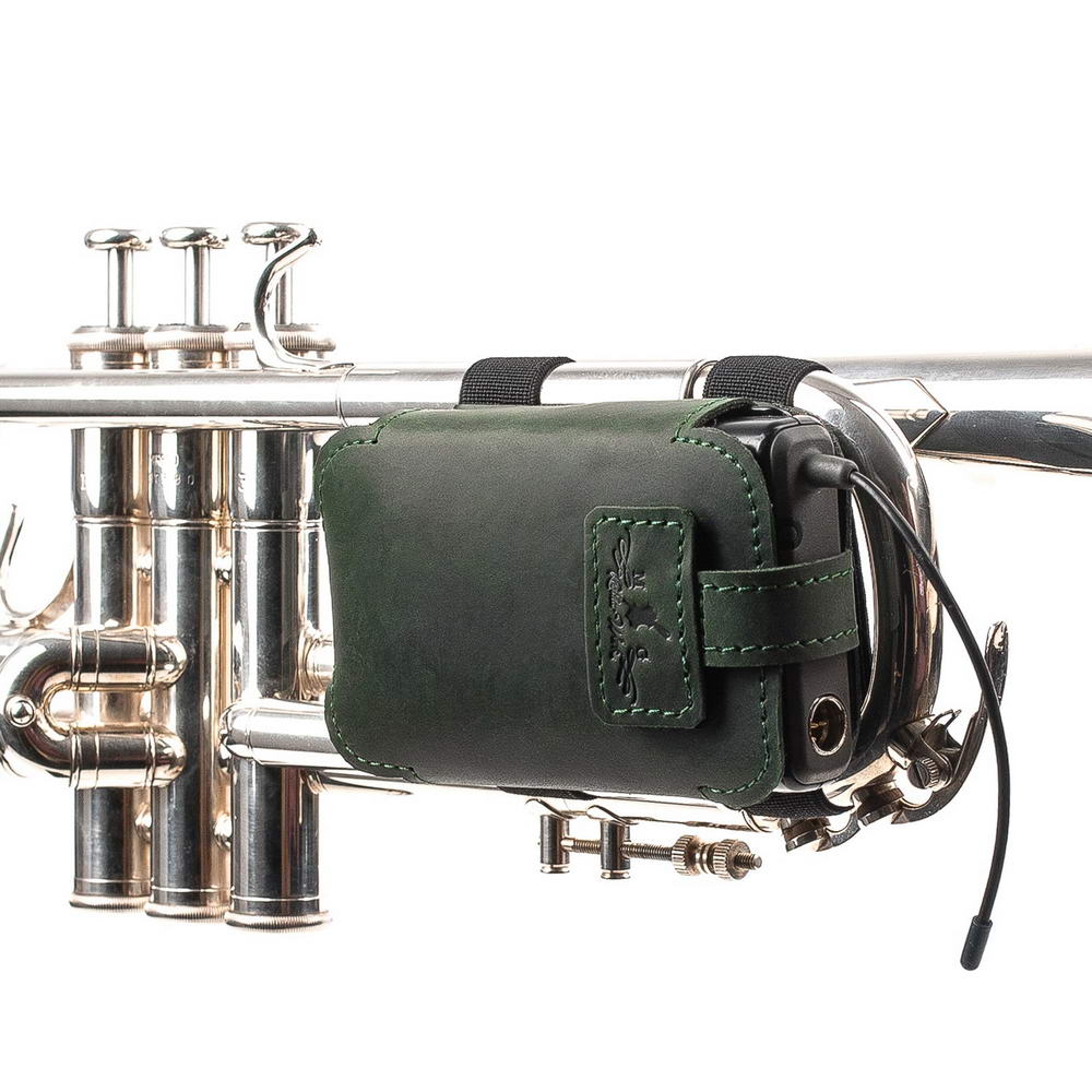 trumpet microphone pouch leather mounted green front