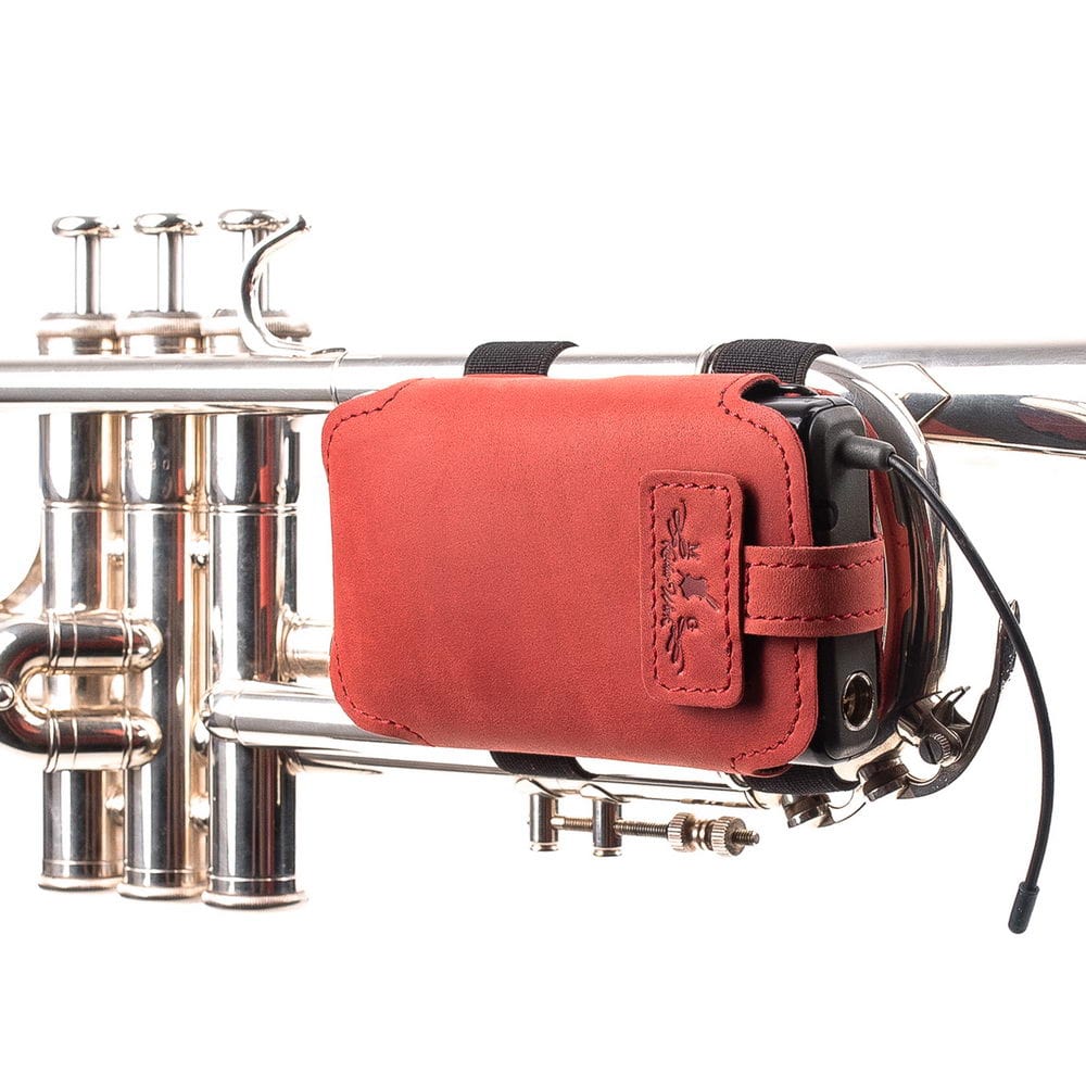 trumpet microphone Transmitter pouch leather mounted red front view