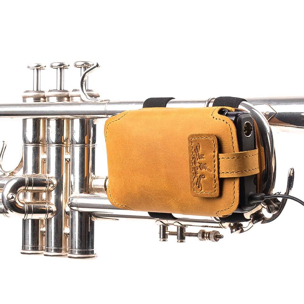 trumpet microphone pouch leather mounted yellow front View