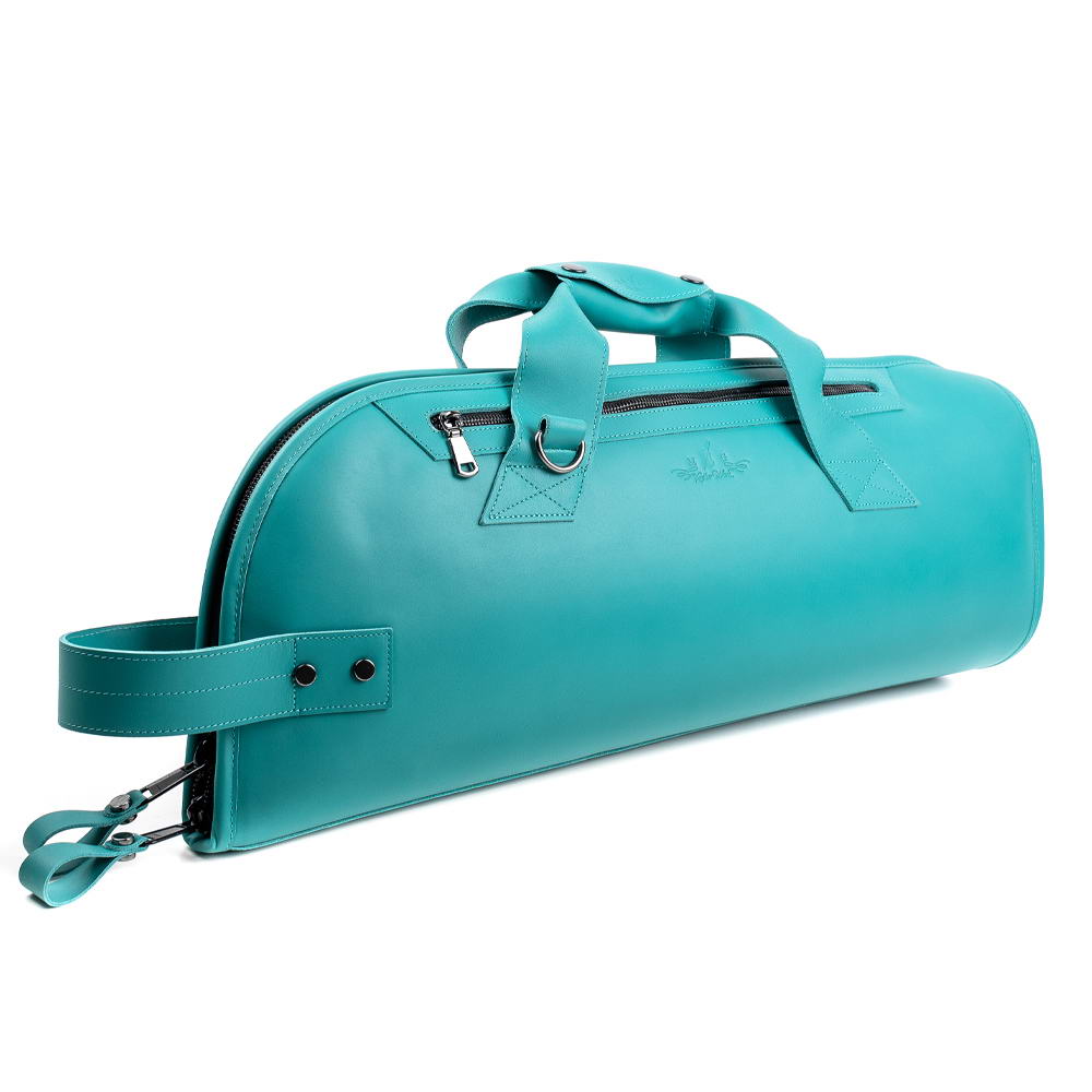 Diagonal angled view of Tiffany trumpet bag highlighting reinforced bottom, protective rounded shape and YKK zippers