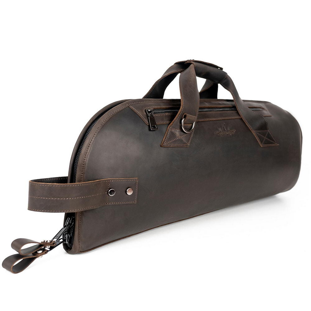 Trumpet Single Gig Bag Crazy Horse Leather Brown – angled view showing full bag with vertical carrying handle, horizontal handles, and durable zipper closure.