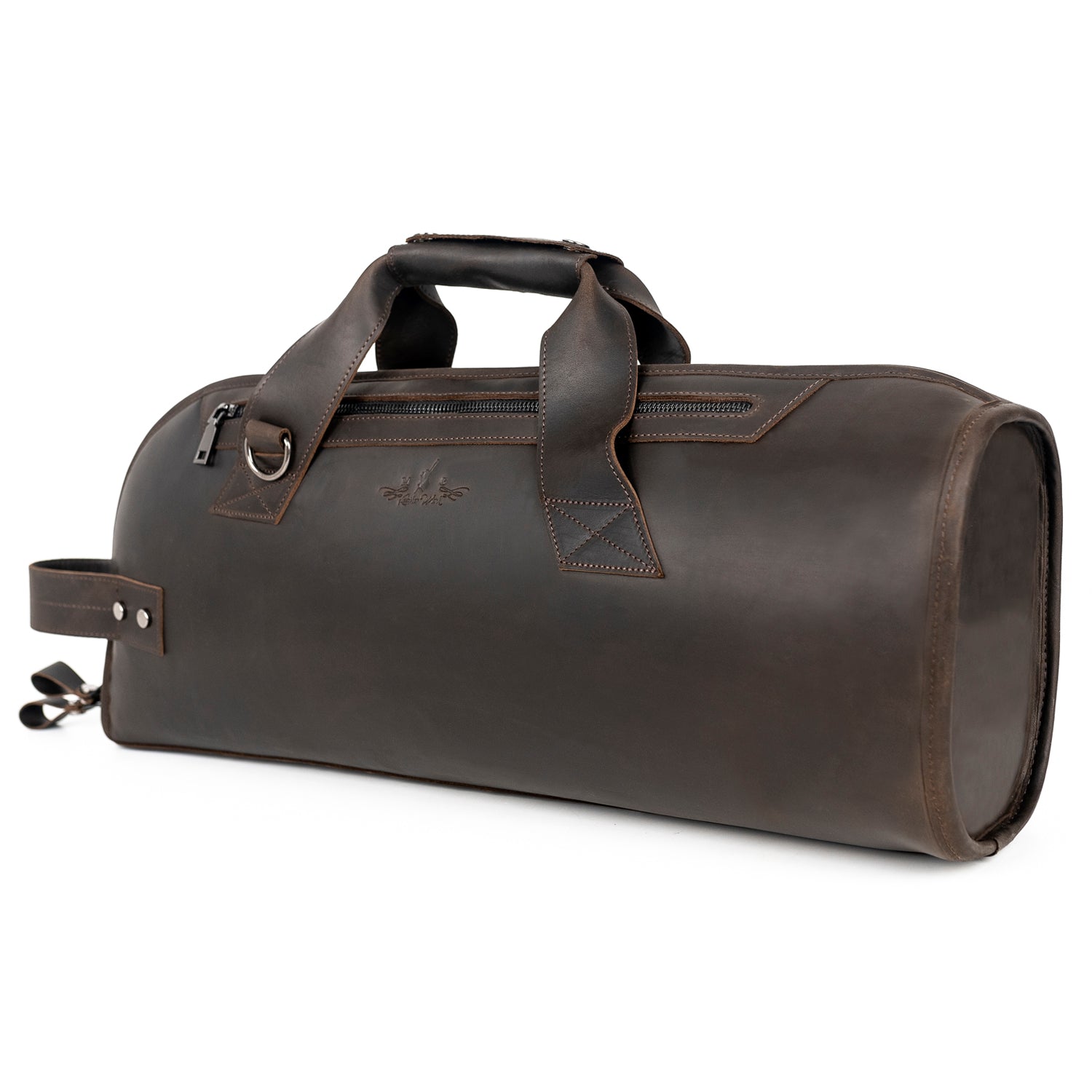 Brown Crazy Horse Leather Trumpet Case side angle with reinforced bottom for trumpet bell, showing strong handles and durable stitching.