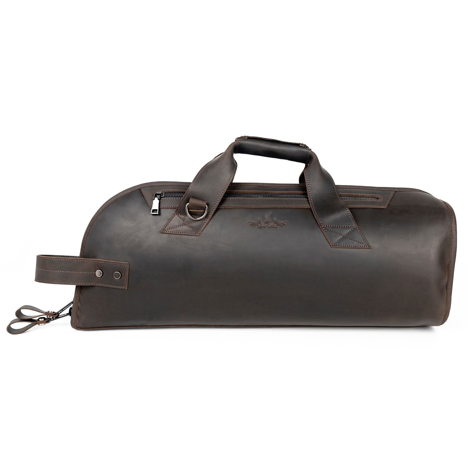Trumpet single gig bag made from durable Crazy Horse leather in brown color, front side view showing handles, zipper pocket, and protective design for musicians’ instrument.
