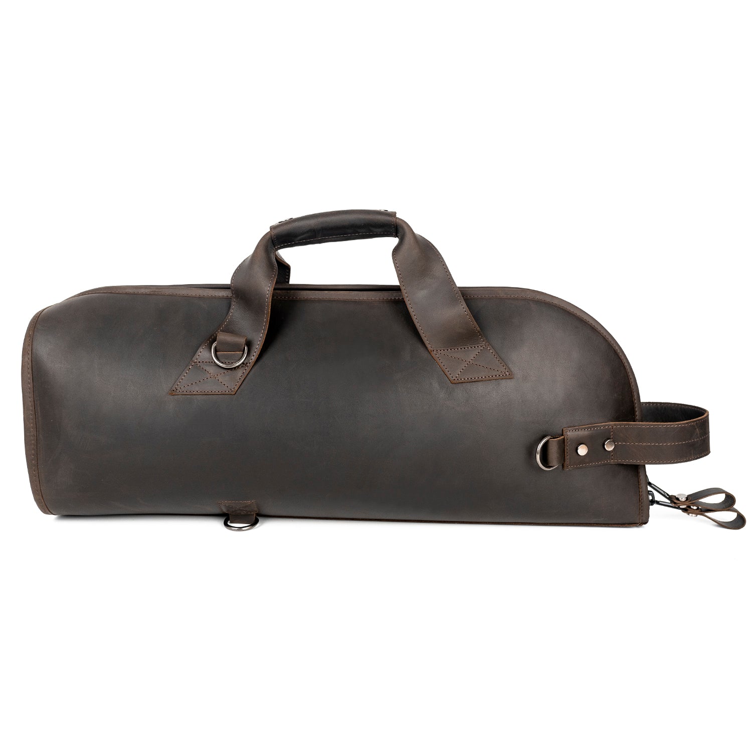 Back view of Trumpet Bag in brown Crazy Horse leather showing reinforced back panel with three D-rings for shoulder strap attachment.